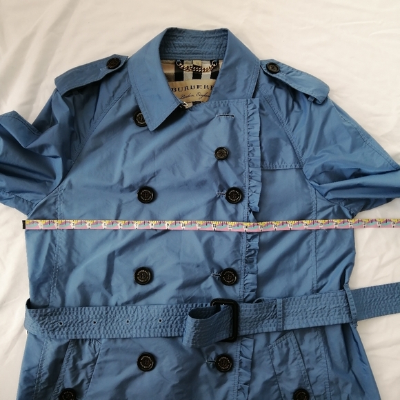 Burberry Double Breasted Blue Nylon Trench Coat Ruffle Trim Waist Belt US 12 - Picture 11 of 17